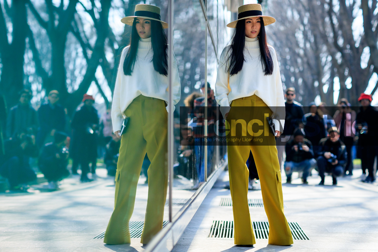atmosphere details, AUTUMN WINTER 2017-2018, AW 17-18, FALL WINTER 2017-2018, fashion week, frenchystyle, full length, FW, FW 17-18, green pants, horizontal, jonathan paciullo, long hair, MFW, MILAN, straw hat, street style, trousers, tucked in, white knit, yellow pants, yoyo cao