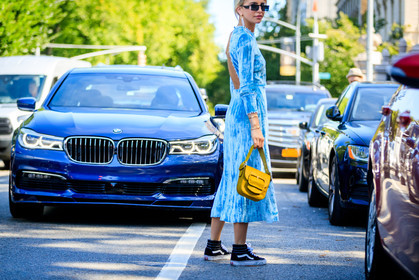 atmosphere details, black sneakers, blue dress, caro daur, detail, earrings, fashion week, frenchystyle, FW, horizontal, jonathan paciullo, leather bag, long dress, NEW YORK, NYFW, SPRING SUMMER 2018, SS 18, street style, sunglasses, vans, velvet, yellow bag