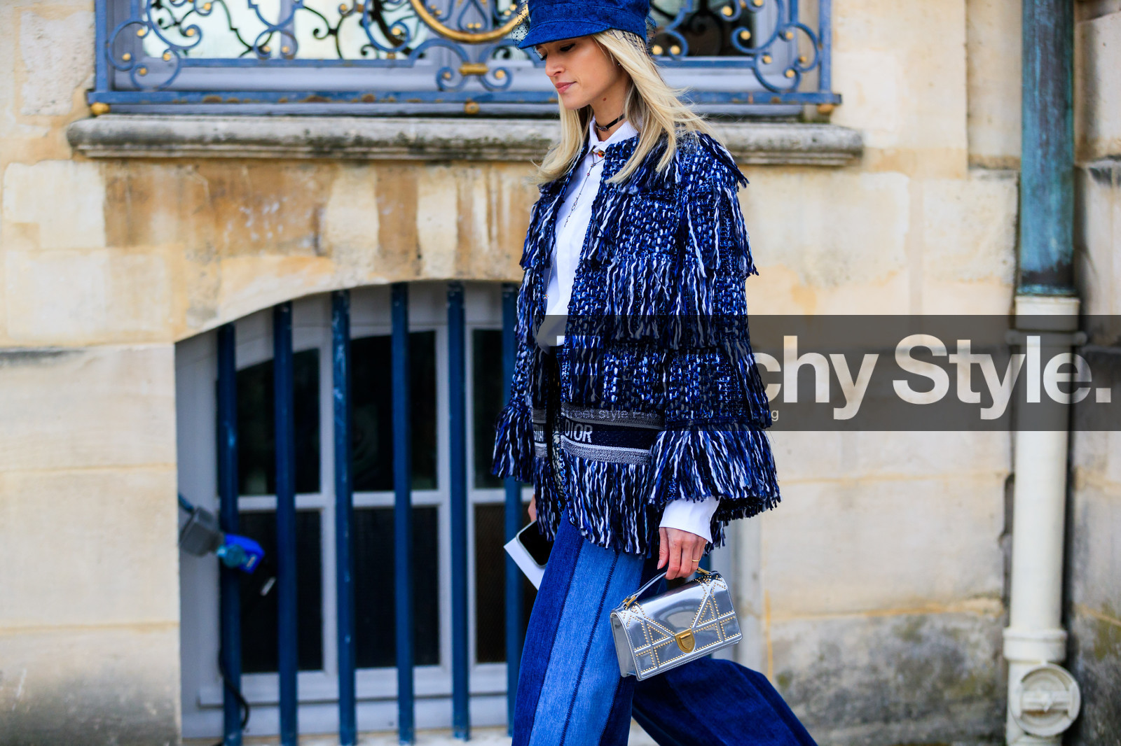 blue denim, blue jacket, christian dior, denim hat, denim pants, graphic jacket, jeans, leather bag, printed jacket, satin stitch, shiny bag, silver bag, trousers, tweed jacket, white shirt, fashion week, frenchystyle, FW, jonathan paciullo, street style, PFW, PARIS, AUTUMN WINTER 2018-2019, FALL WINTER 2018-2019, FW 18-19, horizontal, atmosphere details, helena bordon