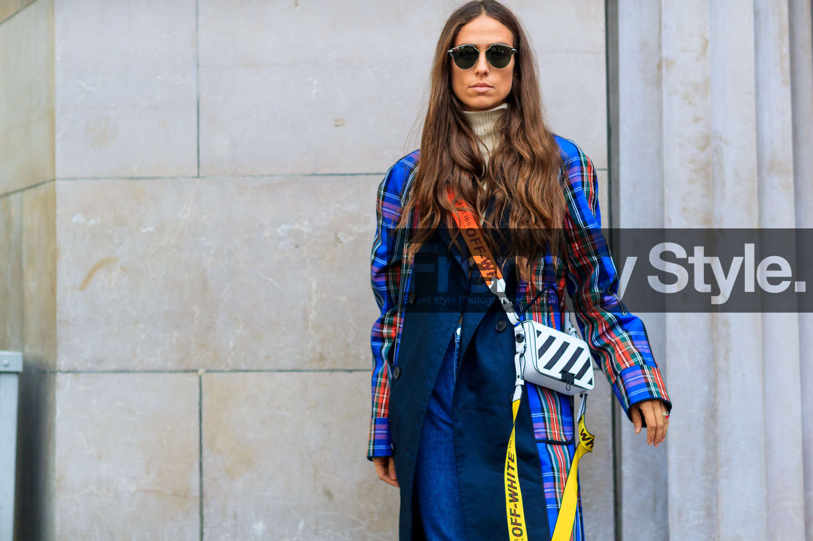 atmosphere details, black and white bag, blue coat, blue denim, checked coat, denim pants, detail, fashion week, frenchystyle, FW, graphic bag, graphic jacket, horizontal, jeans, jonathan paciullo, leather bag, long hair, off white, PARIS, PFW, plaid, printed bag, printed coat, printed jacket, SPRING SUMMER 2018, SS 18, street style, striped bag, sunglasses, tartan, trousers, erika boldrin