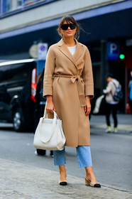 beige coat, beige shoes, blue denim, camel coat, chanel, denim pants, jeans, leather bag, leather shoes, max mara, sunglasses, trousers, white bag, MILAN, MFW, fashion week, frenchystyle, FW, jonathan paciullo, street style, AUTUMN WINTER 2019-2020, AW 19-20, FALL WINTER 2019-2020, FW 19-20, vertical, full length