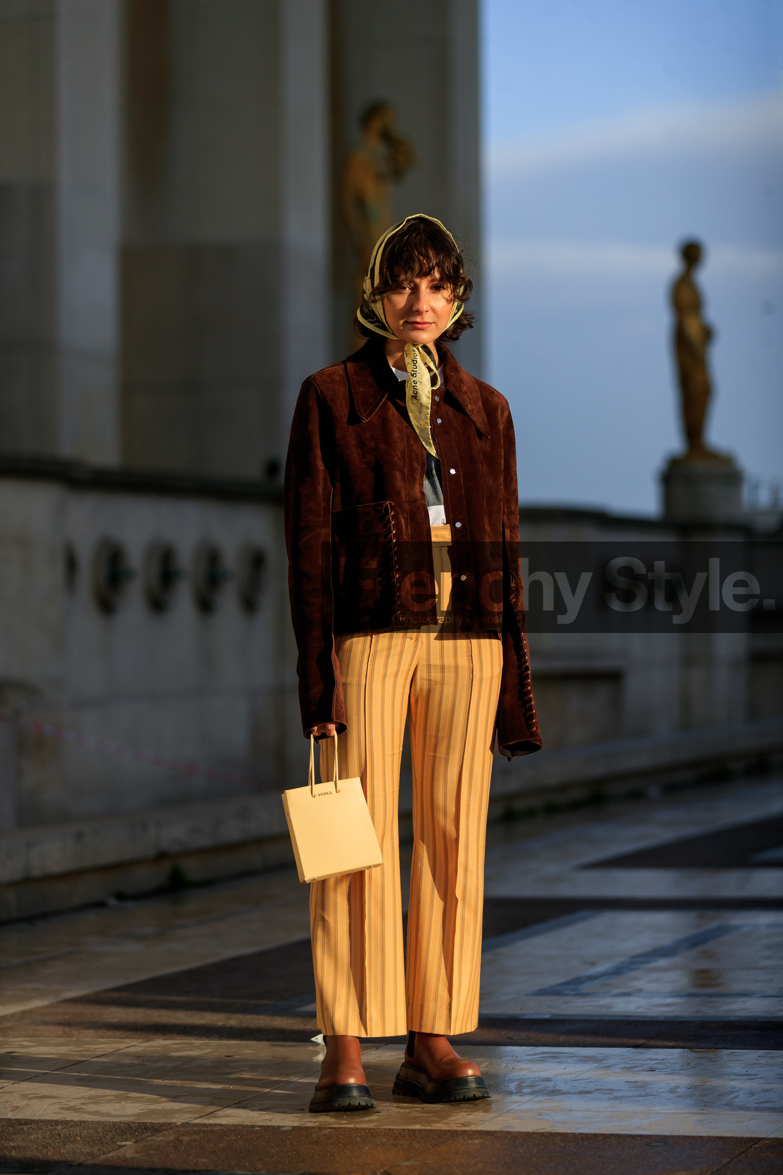 alyssa coscarelli, light yellow scarf, light yellow pants, silk scarf, printed scarf, acne studios scarf, hair scarf, brown suede jacket, fringe jacket, striped pants, light yellow leather bag, medea bag, hand bag, flare pants, camel leather boots, flat boots, chelsea boots, big sole boots, fashion week, frenchystyle, FW, jonathan paciullo, street style, PFW, PARIS, AUTUMN WINTER 2020-2021, FALL WINTER 2020-2021, FW 20-21, vertical, full length