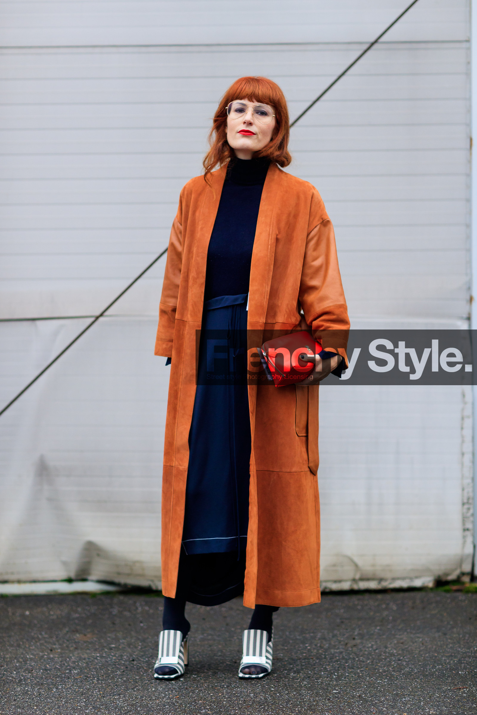 AUTUMN WINTER 2017-2018, AW 17-18, blue pants, FALL WINTER 2017-2018, fashion week, frenchystyle, full length, FW, FW 17-18, graphic shoes, high heels, jonathan paciullo, leather bag, leather coat, leather shoes, MFW, MILAN, navy sweater, orange coat, red bag, red head, sara moschini, street style, striped sandals, vertical, wide pants