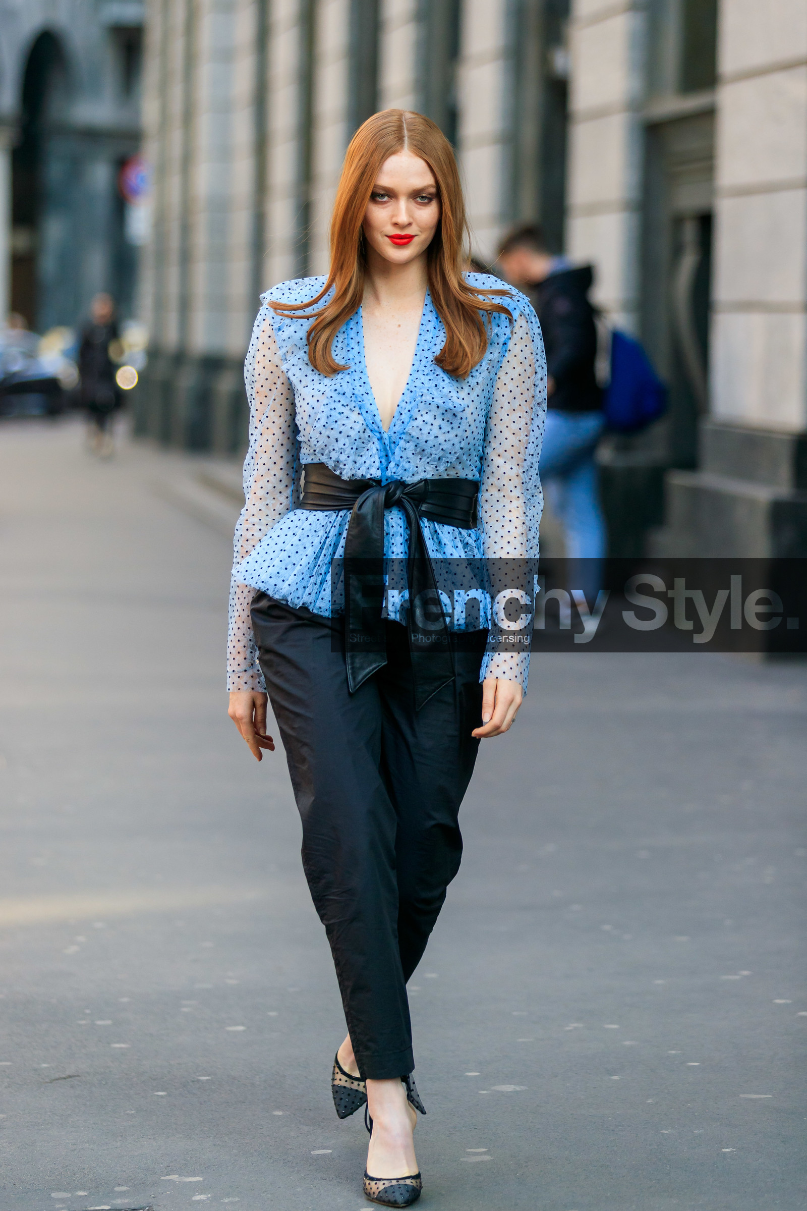 larsen thompson, light blue shirt, light blue blouse, polka dots blouse, polka dots shirt, ruffle blouse, ruffle shirt, black leather belt, black pants, black shoes, plumetis blouse, plumetis shirt, plumetis shoes, tulle shirt, tulle blouse, belted shirt, belted blouse, low necked blouse, low necked shirt, strassed shoes, lace boots, lace shirt, fashion week, frenchystyle, FW, jonathan paciullo, street style, MFW, MILAN, AUTUMN WINTER 2020-2021, FALL WINTER 2020-2021, FW 20-21, vertical, full length