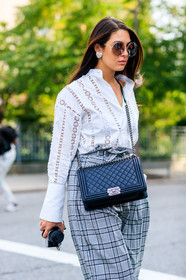 atmosphere details, black bag, boy bag, chanel, checked pants, detail, fashion week, frenchystyle, FW, graphic pants, grey pants, high waist, jonathan paciullo, leather bag, NEW YORK, NYFW, plaid, printed pants, SPRING SUMMER 2018, SS 18, street style, sunglasses, trousers, vertical, white shirt