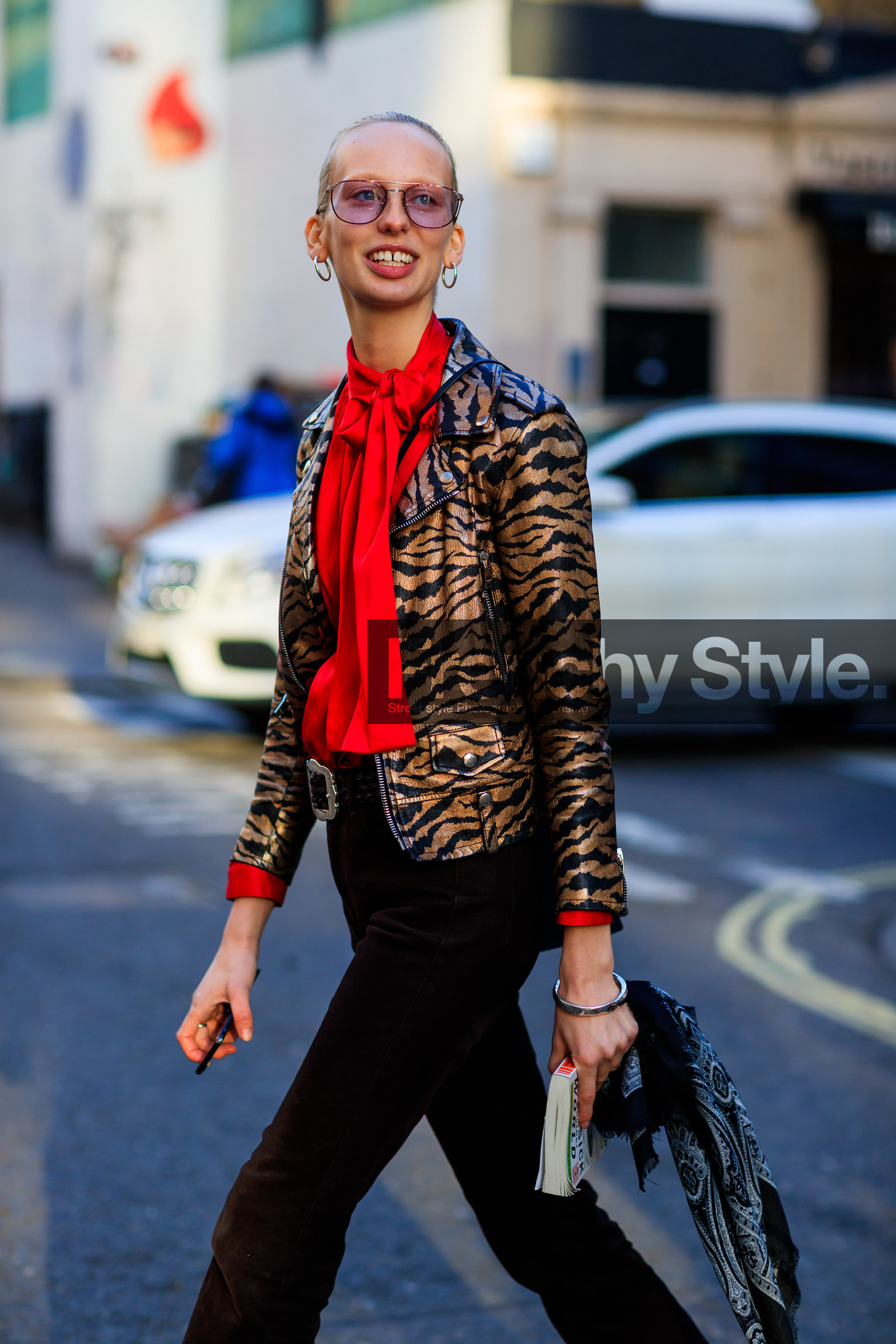 animal print, black bandana, bronze, brown belt, brown pants, earrings, graphic jacket, printed jacket, red shirt, sunglasses, trousers, zebra, street style, jonathan paciullo, FW, frenchystyle, fashion week, LFW, LONDON, AUTUMN WINTER 2018-2019, AW 18-19, FALL WINTER 2018-2019, FW 18-19, vertical, atmosphere details, detail, model, lili sumner