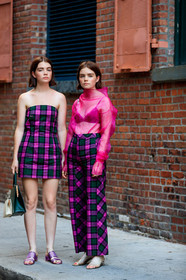 black bra, bustier dress, checked, graphic dress, graphic pants, green bag, leather bag, leather shoes, molly and reese blustein, pink dress, pink pants, pink top, plaid, printed dress, printed pants, purple shoes, see through, tartan, transparent shoes, trousers, white bag, fashion week, frenchystyle, FW, jonathan paciullo, street style, NYFW, NEW YORK, SPRING SUMMER 2019, SS 19, vertical, full length