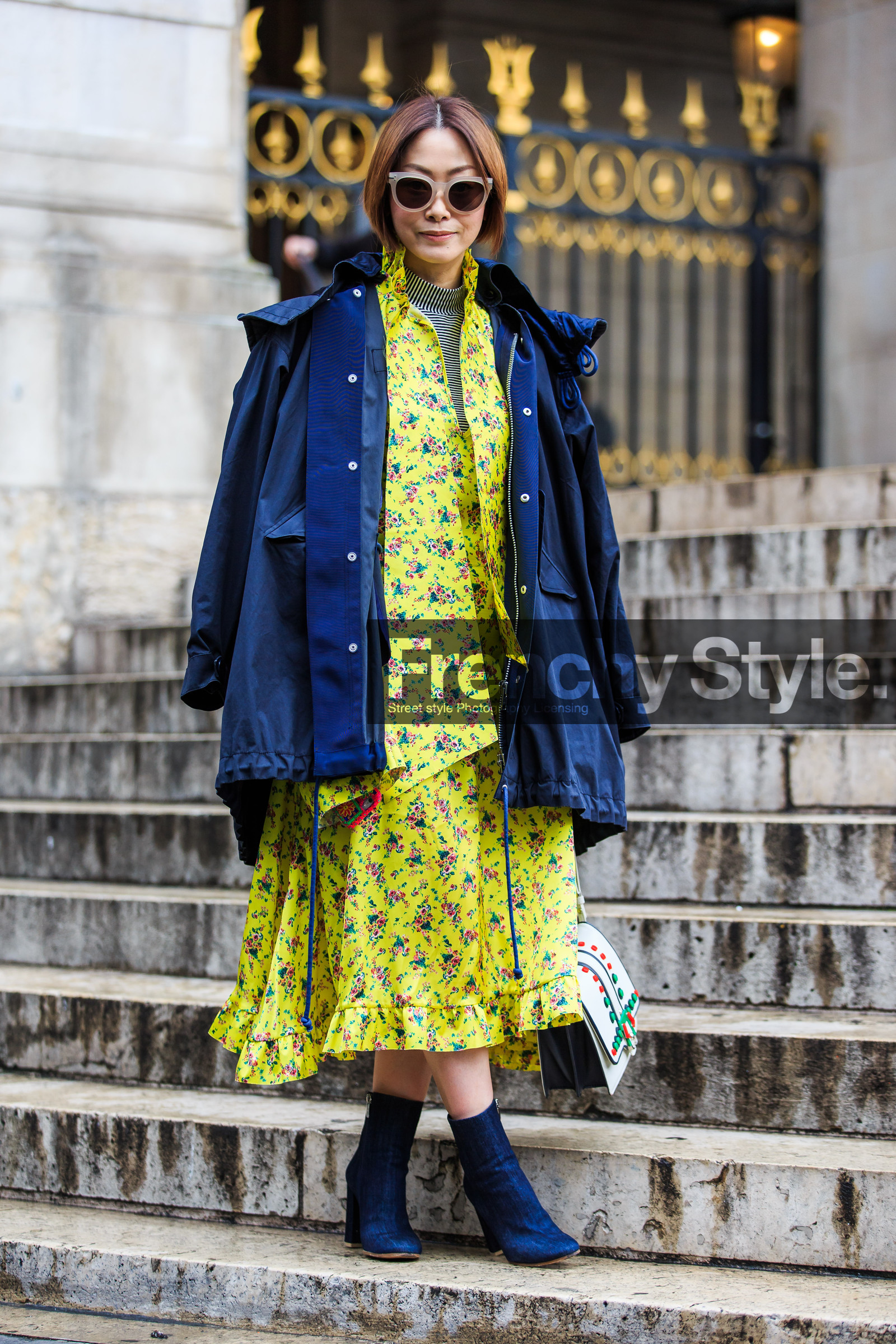 AUTUMN WINTER 2016-2017, AW 16-17, blue coat, denim shoes, FALL WINTER 2016-2017, fashion week, frenchystyle, full length, FW, FW 16-17, high heels, jonathan paciullo, leather bag, over the shoulder, PARIS, PFW, printed dress, raincoat, street style, sunglasses, vertical, white bag, yellow dress