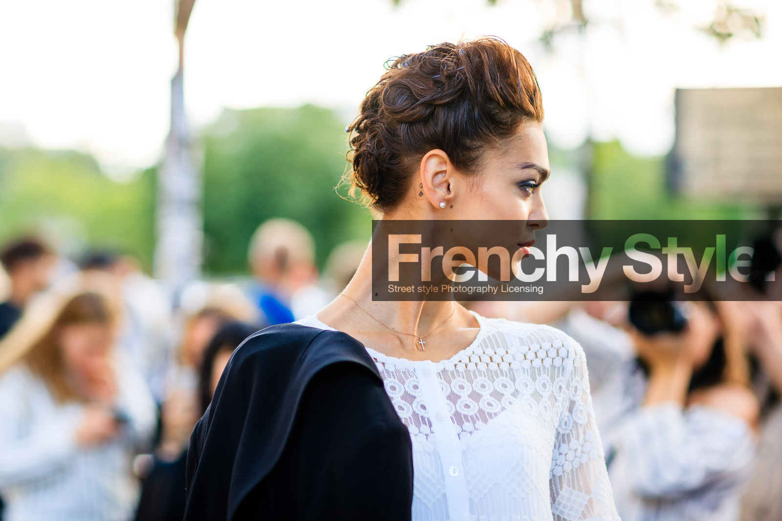 atmosphere details, AUTUMN WINTER 2016-2017, AW 16-17, black jacket, detail, earrings, FALL WINTER 2016-2017, fashion week, frenchystyle, FW, FW 16-17, HAUTE COUTURE, horizontal, jonathan paciullo, lace dress, MENSWEAR, model, over the shoulder, PARIS, pearls, PFW, pulled back hair, street style, white dress, zhenya katava