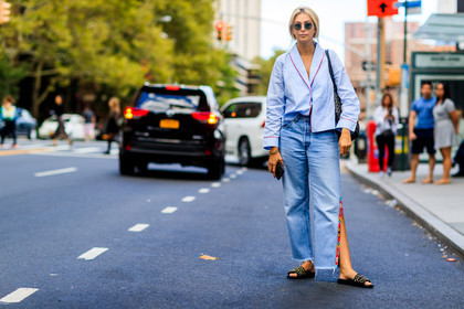 atmosphere details, black sandals, blue denim, blue shirt, denim pants, fashion week, frenchystyle, full length, FW, horizontal, jeans, jonathan paciullo, NEW YORK, NYFW, SPRING SUMMER 2018, SS 18, street style, sunglasses, trousers, tucked in