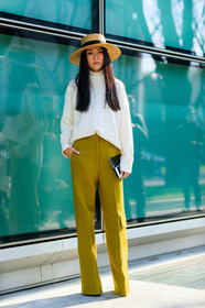 AUTUMN WINTER 2017-2018, AW 17-18, FALL WINTER 2017-2018, fashion week, frenchystyle, full length, FW, FW 17-18, green pants, jonathan paciullo, long hair, MFW, MILAN, straw hat, street style, trousers, tucked in, vertical, white knit, yellow pants, yoyo cao