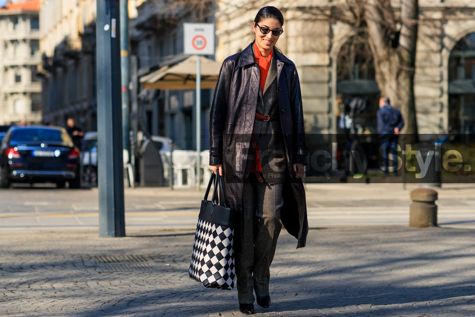 black and white bag, black coat, brown belt, caroline issa, checked, geometric, graphic bag, grey jacket, grey pants, grey suit, leather bag, leather coat, leather shoes, orange scarf, plaid, printed bag, sunglasses, trousers, MILAN, MFW, fashion week, frenchystyle, FW, jonathan paciullo, street style, AUTUMN WINTER 2019-2020, AW 19-20, FALL WINTER 2019-2020, FW 19-20, atmosphere details, full length, horizontal