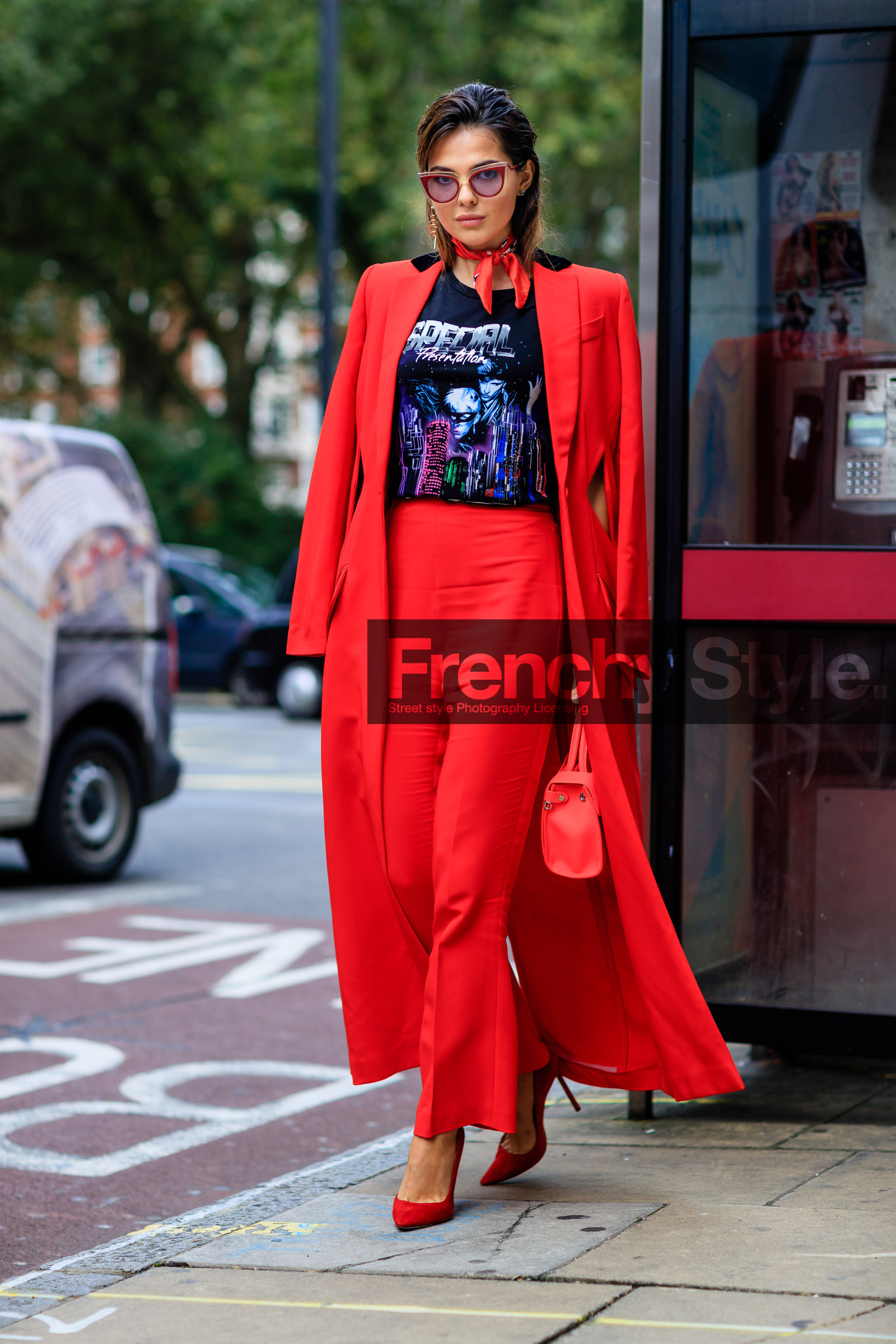 black t shirt, doina ciobanu, fashion week, frenchystyle, full length, FW, high heels, jonathan paciullo, leather bag, leather shoes, LFW, LONDON, over the shoulder, printed t shirt, red bag, red bandana, red coat, red pants, red shoes, SPRING SUMMER 2017, SS 17, street style, sunglasses, trousers, vertical, woman