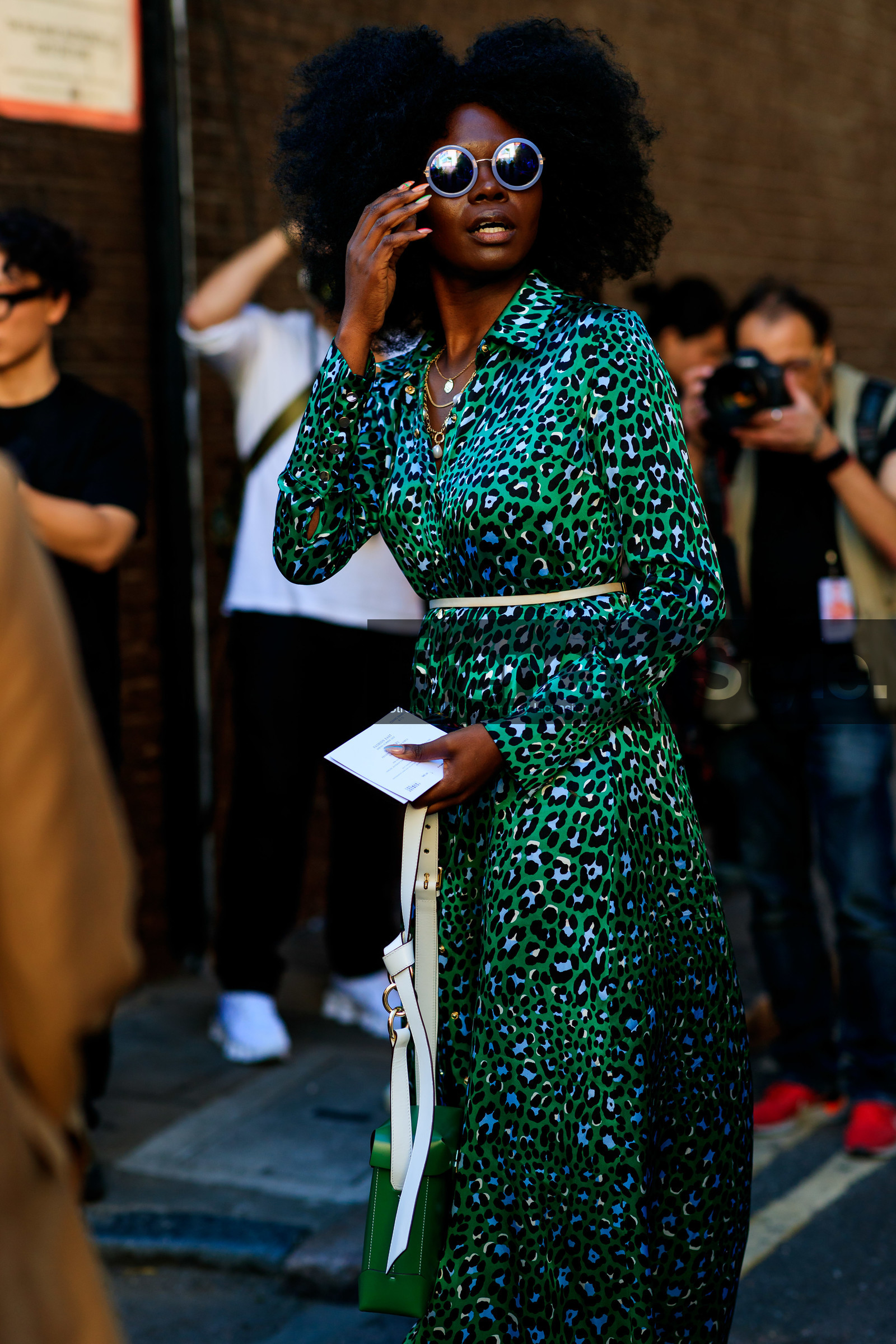 animal print dress, round sunglasses, chain necklace, charms necklace, golden necklace, multi necklace, pearl necklace, green bag, leather bag, fashion week, frenchystyle, FW, jonathan paciullo, street style, vertical, detail, atmosphere details