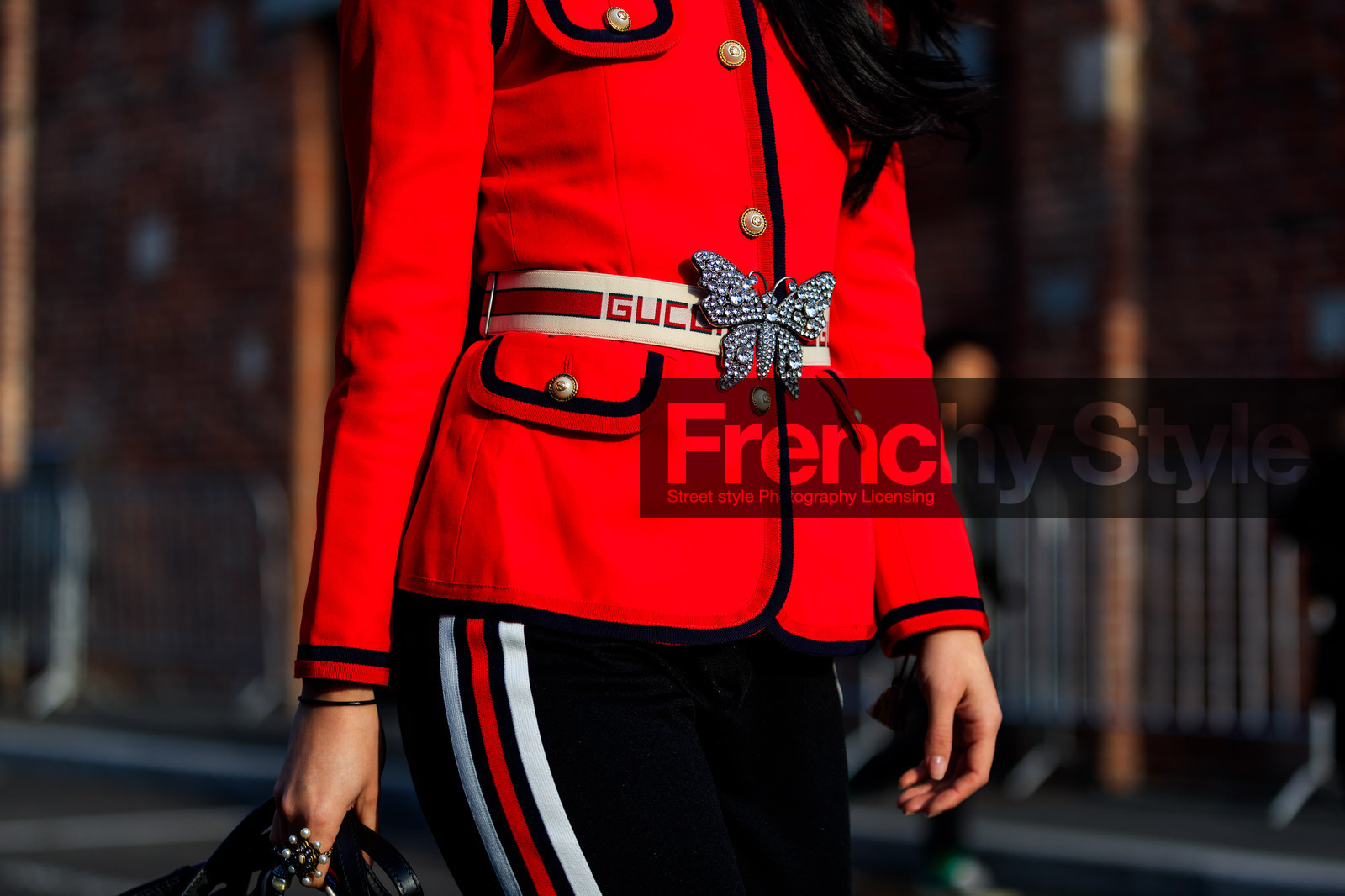 black pants, blazer, glitter, graphic pants, gucci, printed pants, red jacket, stripes, trousers, white belt, fashion week, frenchystyle, FW, jonathan paciullo, street style, MFW, MILAN, AUTUMN WINTER 2018-2019, FALL WINTER 2018-2019, FW 18-19, horizontal, atmosphere details, yuwei zhangzou