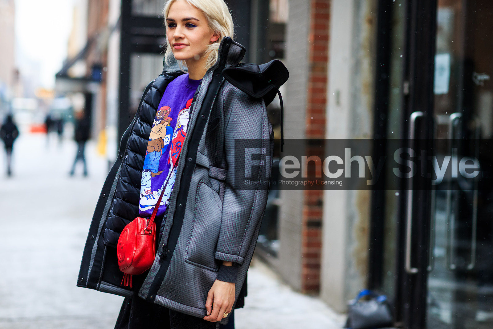 anastasia eremenko, atmosphere details, AUTUMN WINTER 2016-2017, AW 16-17, cartoon, detail, fashion week, frenchystyle, FW, FW 16-17, grey, grey coat, grey jacket, gucci, horizontal, jonathan paciullo, leather bag, model, NEW YORK, NYFW, printed sweater, purple, purple sweater, red, red bag, sportswear, street style, streetwear, woman