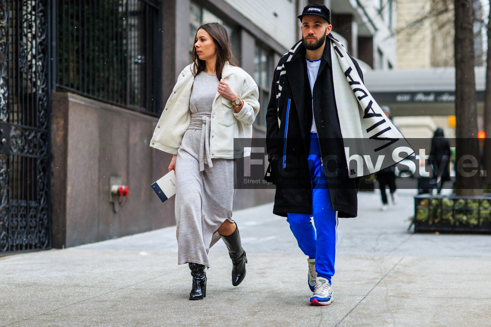 adidas, atmosphere details, AUTUMN WINTER 2016-2017, AW 16-17, belted dress, black and white, black boots, black cap, black coat, blue pants, fashion week, frenchystyle, full length, FW, FW 16-17, group of people, high boots, high heels, horizontal, jonathan paciullo, leather sneakers, long dress, NEW YORK, nude dress, NYFW, overcoat, street style, streetwear, supreme, sweatpants, trousers, varnished leather shoes, white jacket, white scarf, white sneakers, woman, wool dress, wool jacket
