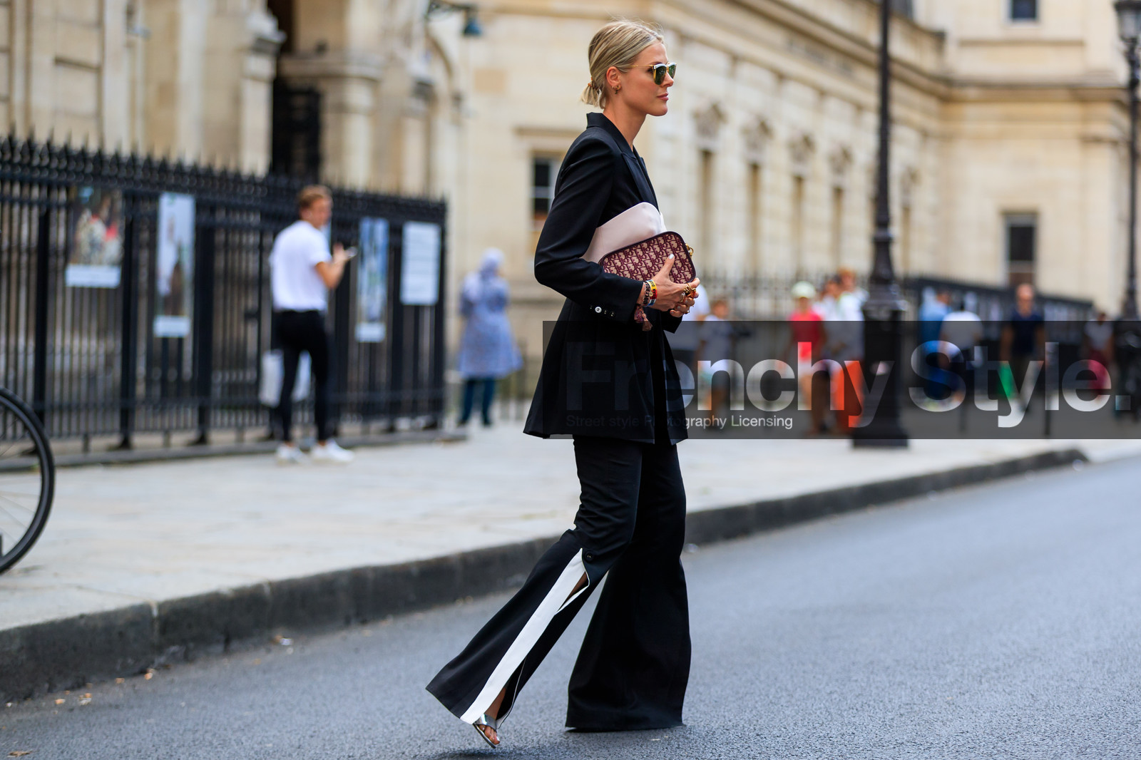 black jacket, black pants, black suit, blazer, bordeaux, burgundy, bustier top, christian dior, graphic bag, leather bag, leather shoes, monogram, necklace, pink top, printed bag, red bag, silver shoes, trousers, PFW, fashion week, frenchystyle, FW, jonathan paciullo, street style, PARIS, horizontal, atmosphere details, full length, AUTUMN WINTER 2018-2019, FALL WINTER 2018-2019, FW 18-19, sofie valkiers