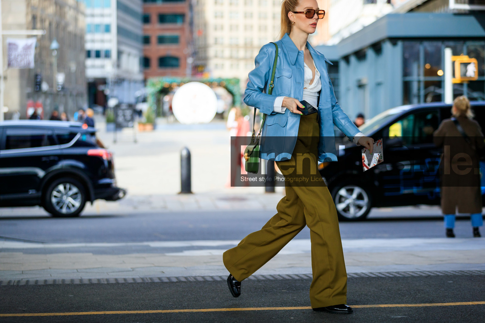 black shoes, blue jacket, green pants, leather jacket, leather shoes, megan adelaide, sunglasses, trousers, white shirt, street style, jonathan paciullo, frenchystyle, NYFW, NEW YORK, AUTUMN WINTER 2019-2020, AW 19-20, FALL WINTER 2019-2020, FW 19-20, FW, fashion week, atmosphere details, horizontal, detail