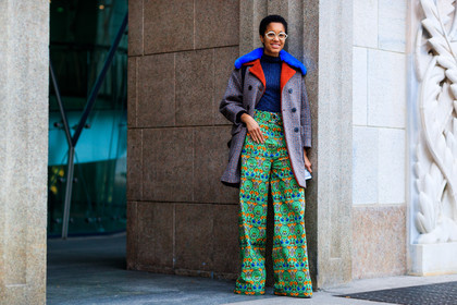 atmosphere details, AUTUMN WINTER 2017-2018, AW 17-18, blue fur, blue sweater, brown jacket, FALL WINTER 2017-2018, fashion week, frenchystyle, full length, fun sunglasses, fur collar, FW, FW 17-18, graphic jacket, green pants, high waist, horizontal, houndstooth pattern, jonathan paciullo, leather shoes, MFW, MILAN, printed jacket, printed pants, street style, sunglasses, tamu mcpherson, trousers, wide pants