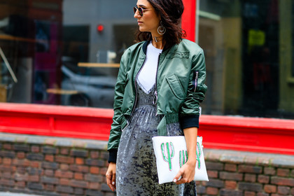 atmosphere details, bomber jacket, choker, detail, earrings, fashion week, frenchystyle, FW, green jacket, grey dress, horizontal, jonathan paciullo, leather bag, LFW, LONDON, soraya bakhtiar, SPRING SUMMER 2017, SS 17, street style, sunglasses, velvet, white clutch, white t shirt, woman