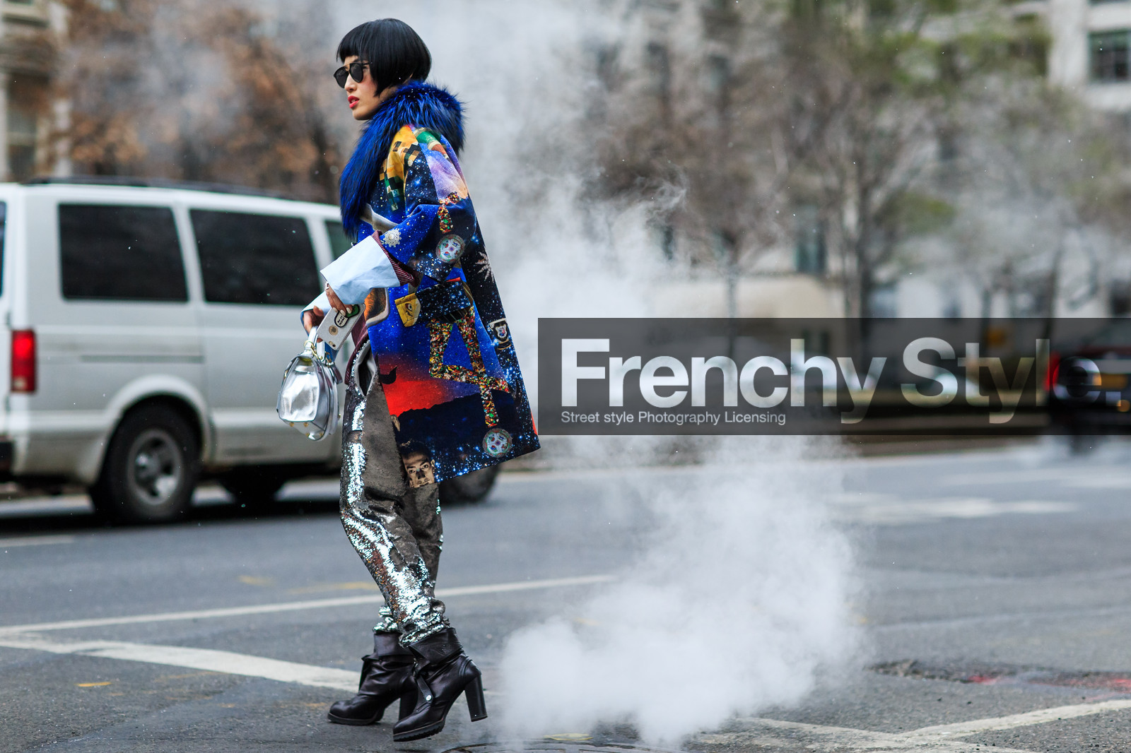 atmosphere details, AUTUMN WINTER 2016-2017, AW 16-17, black boots, blue coat, blue fur, embroidered bag, embroidered coat, fashion week, frenchystyle, full length, fun bag, fur collar, FW, FW 16-17, glitter, high heels, horizontal, jonathan paciullo, leather bag, leather boots, metallic bag, multicolor, multicolor bag, NEW YORK, NYFW, printed coat, sequined pants, silver bag, silver pants, street style, woman
