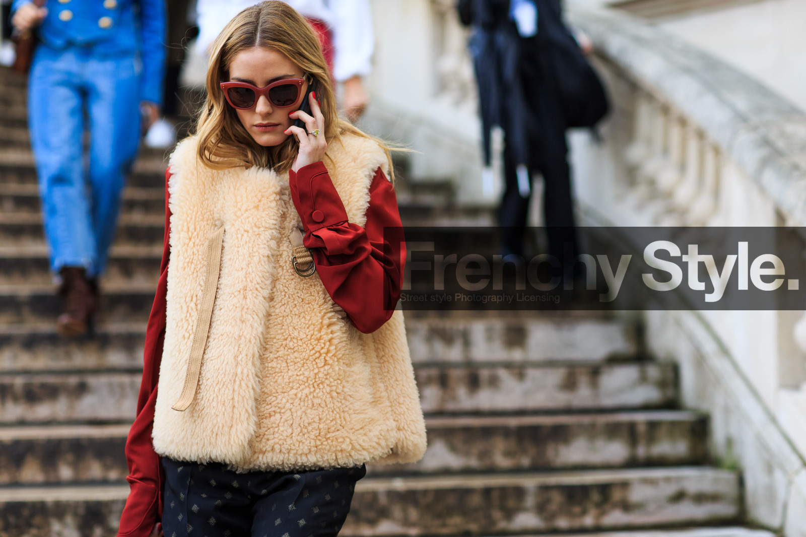 atmosphere details, AUTUMN WINTER 2016-2017, AW 16-17, beige fur, beige jacket, black pants, detail, FALL WINTER 2016-2017, fashion week, frenchystyle, fur jacket, FW, FW 16-17, horizontal, jonathan paciullo, olivia palermo, PARIS, PFW, printed pants, red shirt, shearling, silk shirt, sleeveless, street style, sunglasses, trousers