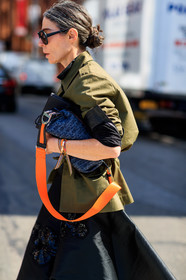 atmosphere details, black skirt, blue bag, christian dior, detail, fashion week, frenchystyle, FW, graphic bag, green jacket, jonathan paciullo, leather bag, monogram, NEW YORK, NYFW, printed bag, sequined skirt, SPRING SUMMER 2018, SS 18, street style, sunglasses, vertical, Véronique Tristram