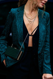 green jacket, green bag, green clutch, dark green leather bag, green leather bag, green leather clutch, animal print jacket, animal skin bag, box bag, golden chain strap bag, brocart jacket, black jacket, black pants, black bra, cropped top, multi necklace, big chain necklace, letters necklace, golden necklace, silvered necklace, crossbody bag, close up detail, fashion week, frenchystyle, FW, jonathan paciullo, street style, AUTUMN WINTER 2020-2021, FALL WINTER 2020-2021, FW 20-21, vertical, atmosphere details, detail, NYFW, NEW YORK