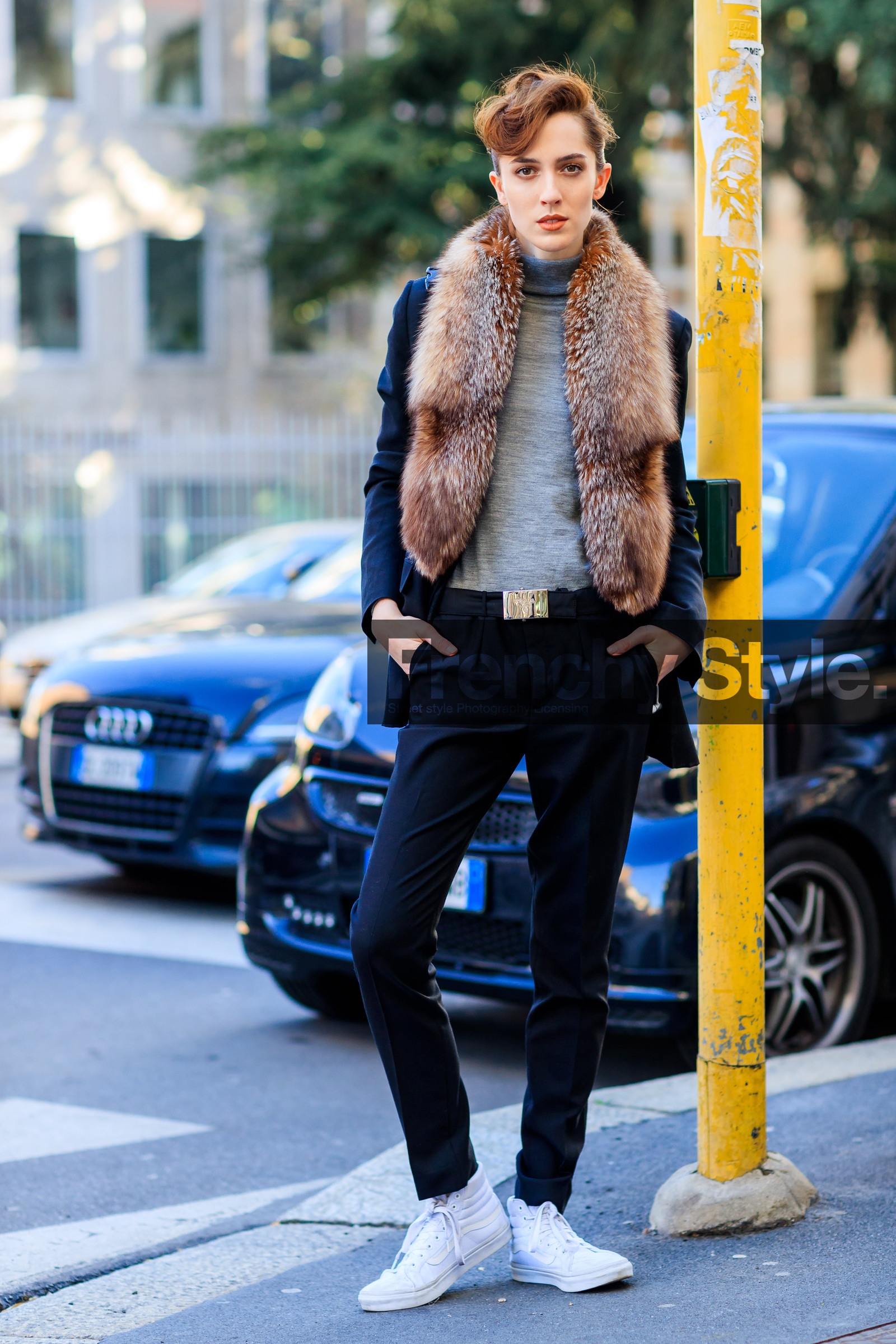 AUTUMN WINTER 2017-2018, AW 17-18, black pants, brown fur, FALL WINTER 2017-2018, fashion week, frenchystyle, full length, fur collar, FW, FW 17-18, grey sweater, jonathan paciullo, leather shoes, MFW, MILAN, model, street style, teddy quinlivan, trousers, vans, vertical, white sneakers