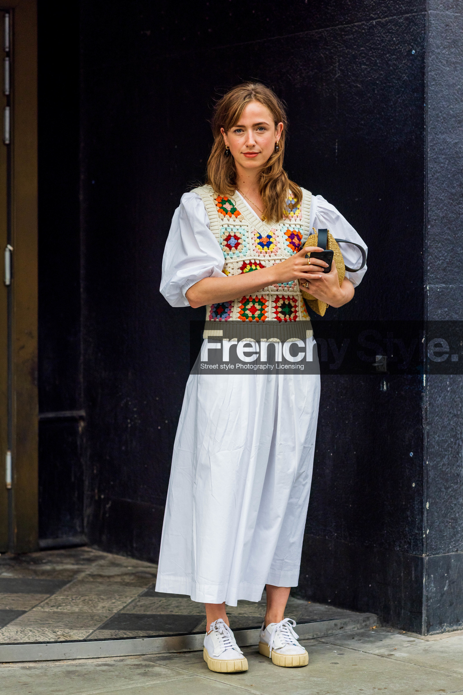 long dress, dress, white, sleeveless vest, knits, knitted shirt, knitted top, knitwear, sneakers, fashion week, frenchystyle, FW, jonathan paciullo, street style, SS 22, SPRING SUMMER 2022, LFW, LONDON, vertical, full length