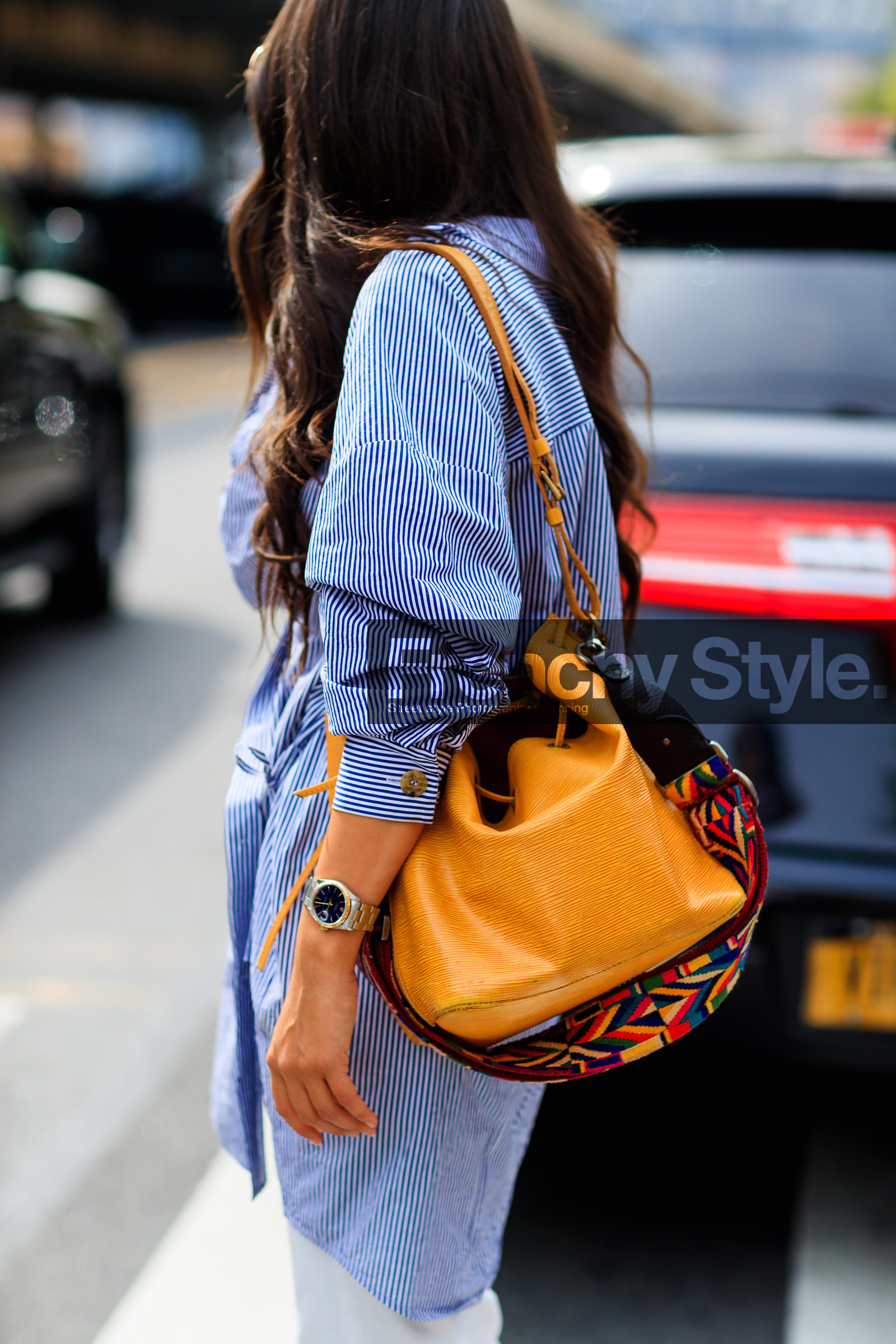 atmosphere details, blue shirt, camel bag, detail, fashion week, frenchystyle, FW, graphic shirt, jonathan paciullo, leather bag, louis vuitton, NEW YORK, NYFW, printed shirt, SPRING SUMMER 2018, SS 18, street style, striped shirt, vertical, watch