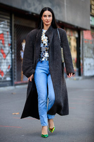 fiona zanetti, oversize coat, dark grey coat, silvered top, mirror top, embroidered top, polka dots top, light blue jeans, denim, green leather pumps, paco rabanne top, PARIS, PFW, fashion week, frenchystyle, FW, jonathan paciullo, street style, SPRING SUMMER 2021, SS 21, vertical, full length