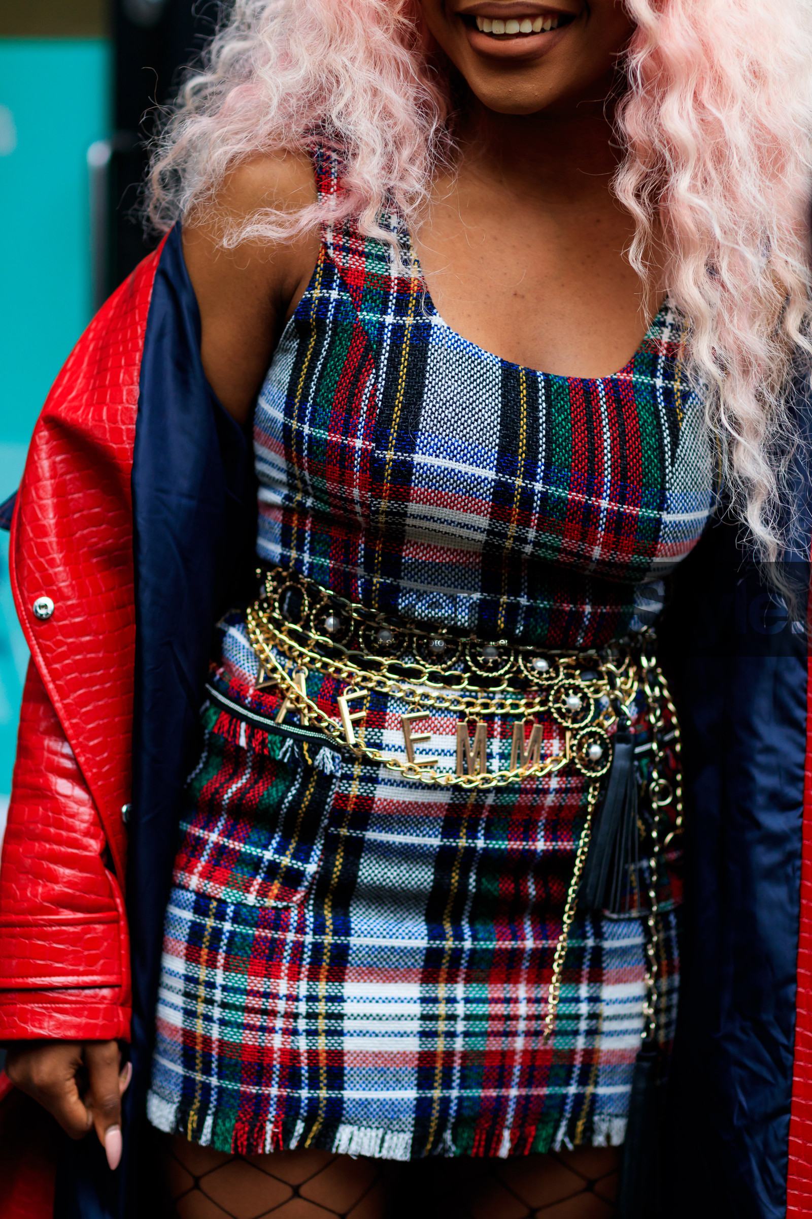 checked, dyed hair, graphic dress, leather jacket, metallic belt, off the shoulder, pink hair, plaid, printed dress, red jacket, tartan, fashion week, frenchystyle, FW, jonathan paciullo, street style, LFW, LONDON, SPRING SUMMER 2019, SS 19, vertical, detail, atmosphere details