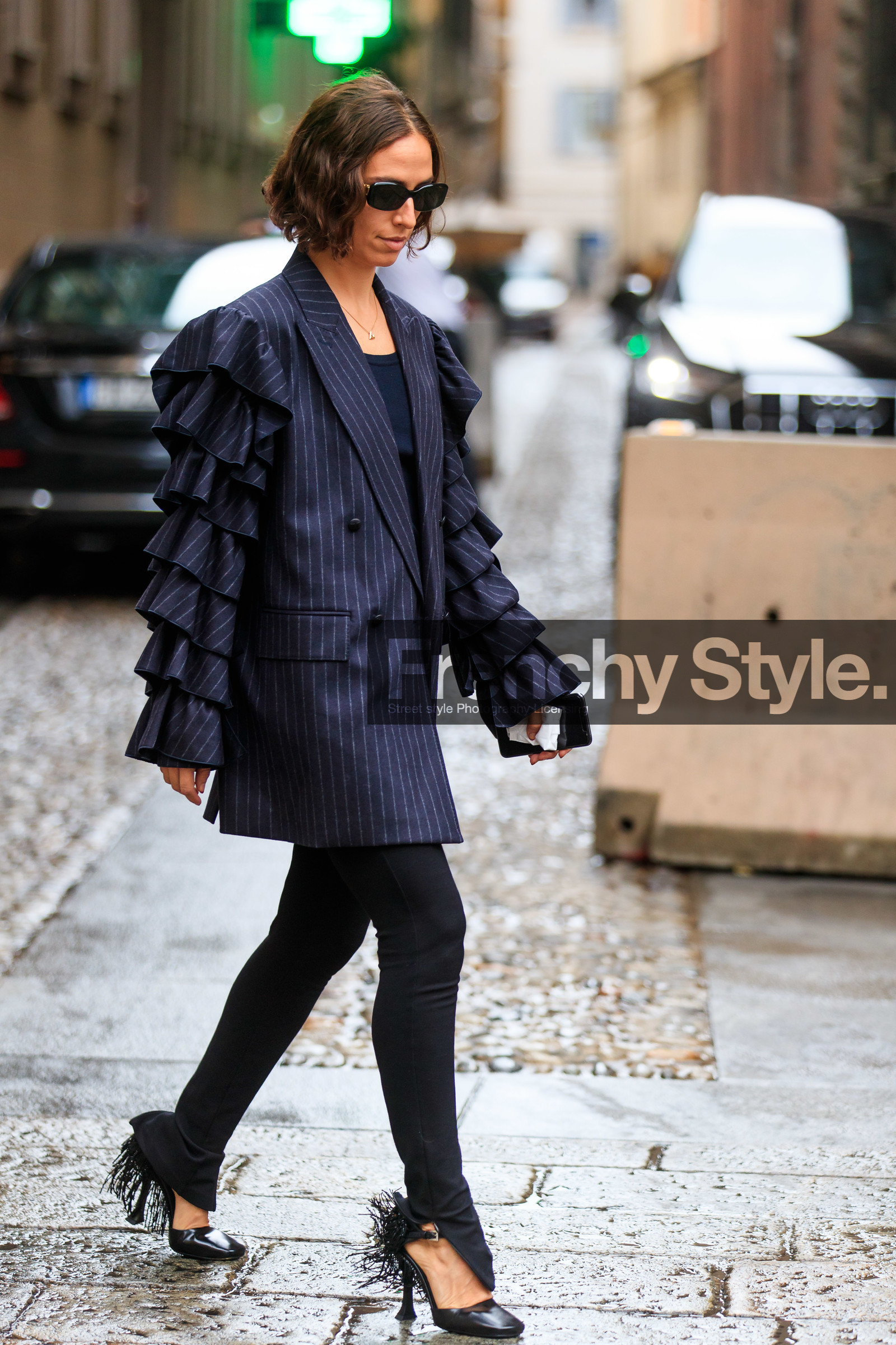 navy blue jacket, striped jacket, ruffle jacket, black pants, slim fit pants, black leather shoes, mary jane shoes, fringe shoes, black sunglasses, square shape glasses, erika boldrin, street style, jonathan paciullo, FW, frenchystyle, fashion week, MFW, MILAN, SPRING SUMMER 2021, SS 21, vertical, full length