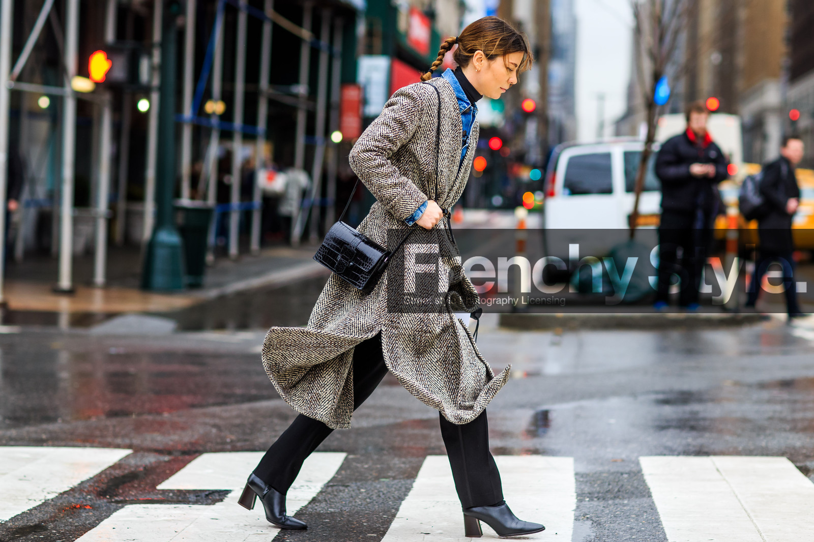annina mislin, atmosphere details, AUTUMN WINTER 2016-2017, AW 16-17, black bag, black pants, black shoes, black turtleneck, blue denim, braids, brown coat, denim shirt, fashion week, frenchystyle, full length, FW, FW 16-17, high heels, horizontal, jonathan paciullo, leather bag, leather shoes, long coat, NEW YORK, NYFW, street style, trousers, woman