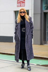 ada kokosar, black tights, plastic shoes, ruffle shoes, sharp end shoes, kitten heels slippers, polka dots shoes, pearl embroidered shoes, black dress, black coat, black leather belt, big belt, silvered buckle belt, knit dress, knitwear, turtleneck dress, black sunglasses, golden sunglasses, checked coat, herringbone printed coat, fashion week, frenchystyle, FW, jonathan paciullo, street style, NYFW, NEW YORK, AUTUMN WINTER 2020-2021, FALL WINTER 2020-2021, FW 20-21, vertical, full length