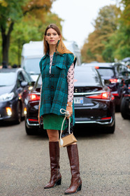green jacket, green earrings, green skirt, checked jacket, sleeveless jacket, monogrammed top, nude top, marine serre top, brown leather boots, animal skin boots, cowboy boots, high boots, beige leather bag, strassed earrings, dangling earrings, hermes bracelet, white bracelet, fashion week, frenchystyle, FW, jonathan paciullo, street style, SPRING SUMMER 2020, SS 20, PFW, PARIS, vertical, full length