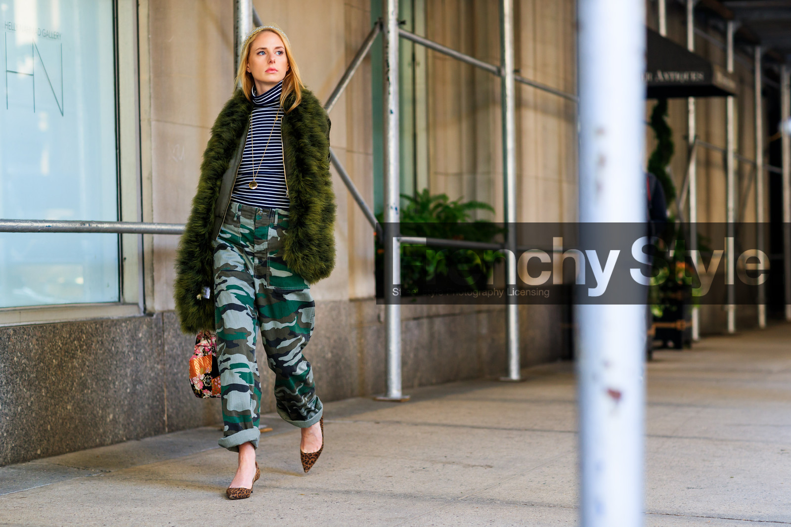 atmosphere details, brown shoes, camo pants, camouflage, fashion week, frenchystyle, full length, fur jacket, FW, green fur, green jacket, grey sweater, high heels, horizontal, jonathan paciullo, leather bag, leather shoes, leopard, leopard print, necklace, NEW YORK, NYFW, printed pants, SPRING SUMMER 2018, SS 18, street style, trousers