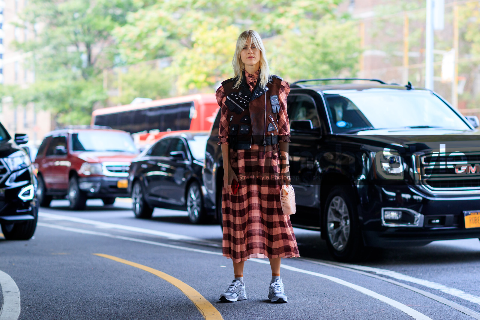 atmosphere details, black jacket, brown jacket, checked dress, fashion week, frenchystyle, full length, FW, graphic bag, graphic dress, grey sneakers, horizontal, jonathan paciullo, leather bag, leather jacket, leather perfecto, leather shoes, NEW YORK, nike, NYFW, orange dress, pink bag, plaid, printed dress, sleeveless, SPRING SUMMER 2018, SS 18, street style