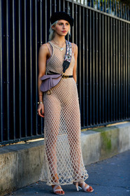 beret, black belt, black hat, caro daur, christian dior, fishnet, high heels, leather bag, leather belt, leather shoes, nude dress, nude sandals, pink bag, saddle bag, see through, PARIS, PFW, street style, jonathan paciullo, FW, frenchystyle, fashion week, AUTUMN WINTER 2019-2020, AW 19-20, FALL WINTER 2019-2020, FW 19-20, vertical, full length