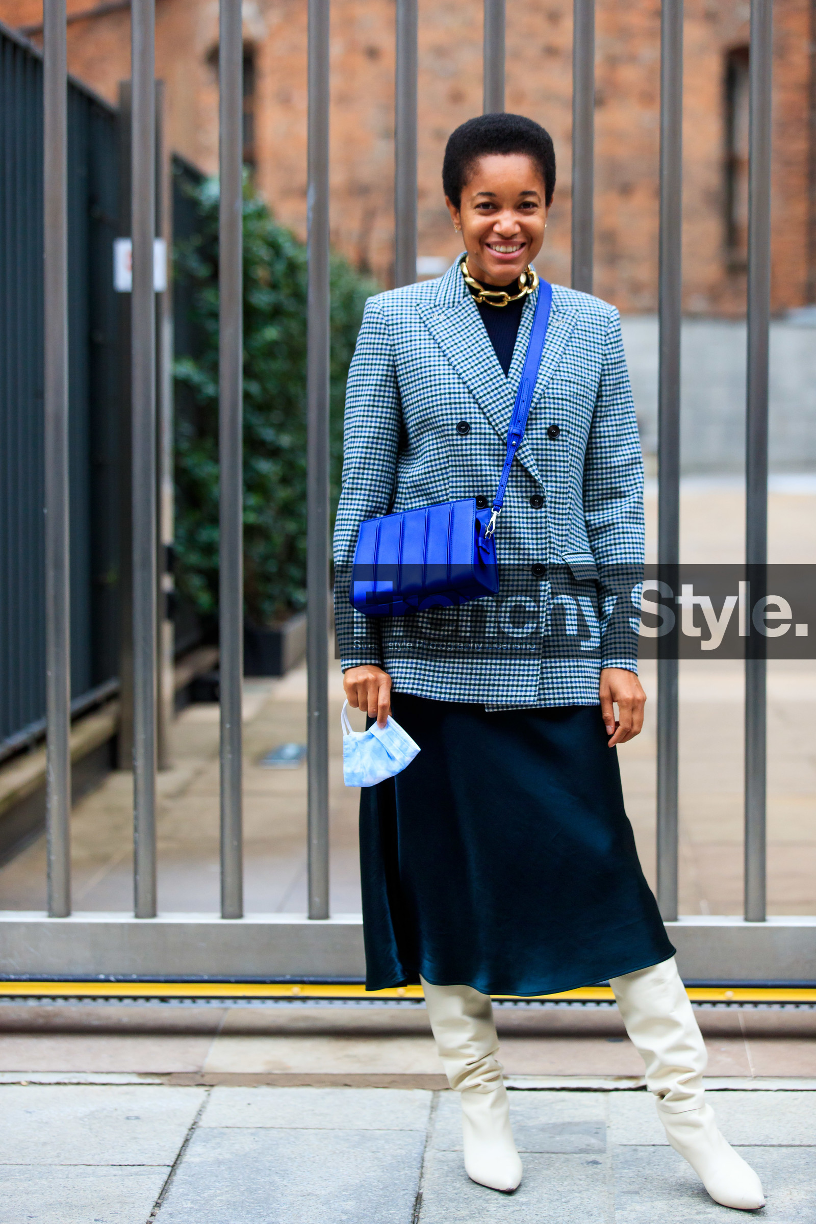 checked jacket, blue jacket, blue skirt, blue leather bag, crossbody bag, max mara bag, golden necklace, big chain necklace, mid long skirt, silk skirt, satin skirt, high boots, white leather boots, tamu mcpherson, street style, jonathan paciullo, FW, frenchystyle, fashion week, MFW, MILAN, SPRING SUMMER 2021, SS 21, vertical, full length