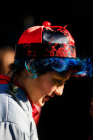 blue hair, chinese print, dyed hair, red hat, fashion week, frenchystyle, FW, jonathan paciullo, street style, LFW, LONDON, AUTUMN WINTER 2019-2020, AW 19-20, FW 19-20, FALL WINTER 2019-2020, vertical, atmosphere details, detail