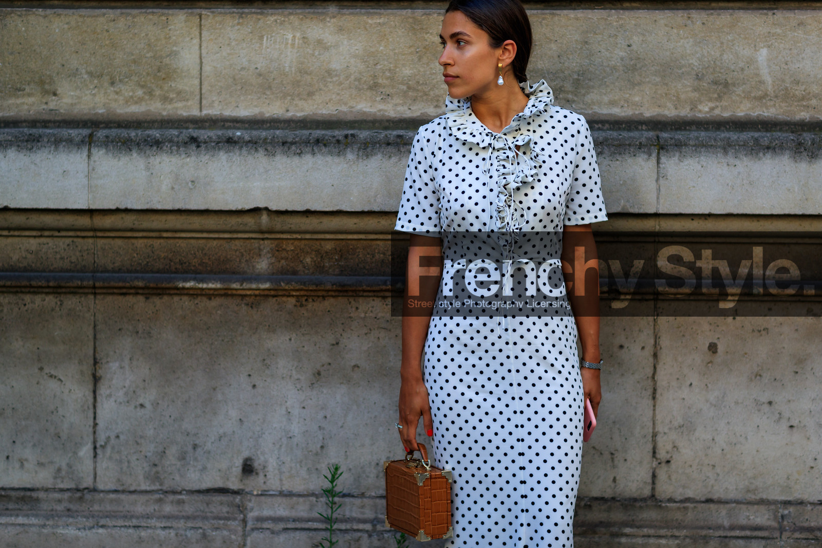 black and white, brown bag, graphic dress, leather bag, polka dot, printed dress, valentino, PFW, fashion week, frenchystyle, FW, jonathan paciullo, street style, PARIS, horizontal, atmosphere details, detail, AUTUMN WINTER 2018-2019, FALL WINTER 2018-2019, FW 18-19