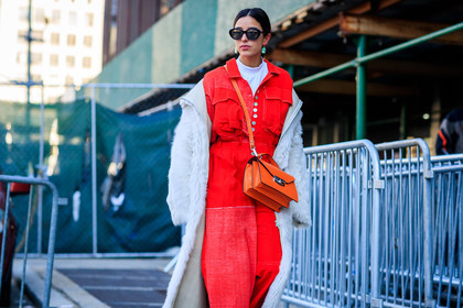 earrings, Fur coat, leather bag, off the shoulder, orange bag, red jumpsuit, sunglasses, white coat, white fur, white sweater, street style, jonathan paciullo, FW, frenchystyle, fashion week, NYFW, NEW YORK, AUTUMN WINTER 2018-2019, AW 18-19, FALL WINTER 2018-2019, FW 18-19, atmosphere details, horizontal, detail, bettina looney
