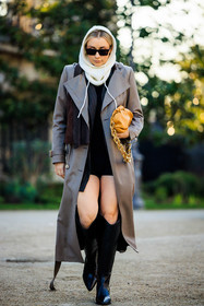 white hood, black sunglasses, knitted hood, grey, trench, dual toned trench, yellow handbag, chain bag, golden chain bag, mini dress, black dress, stripes blazer, black boots, fashion week, frenchystyle, FW, jonathan paciullo, street style, PARIS, PFW, SPRING SUMMER 2022, SS 22, full length, vertical