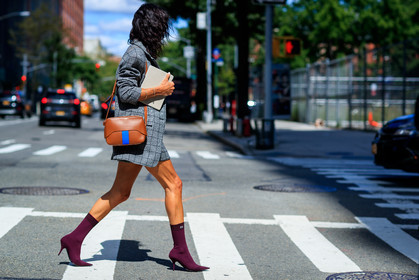 atmosphere details, black t shirt, blazer, checked jacket, checked skirt, edvid, fashion week, frenchystyle, full length, FW, graphic jacket, graphic skirt, grey jacket, grey skirt, Hedvig Sagfjord Opshaug, high heels, horizontal, jonathan paciullo, leather shoes, NEW YORK, NYFW, plaid, printed jacket, printed skirt, purple boots, SPRING SUMMER 2018, SS 18, street style, sunglasses, vêtements