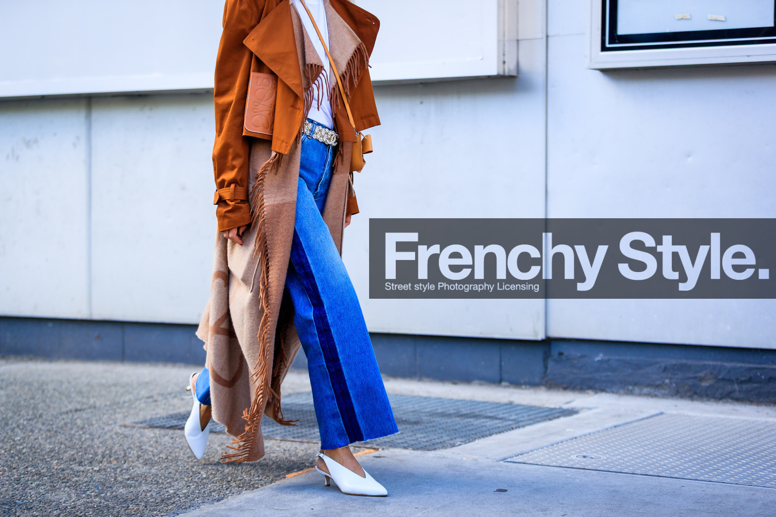 atmosphere details, blue denim, brown jacket, chanel, céline, denim pants, detail, fashion week, frenchystyle, FW, high heels, horizontal, jeans, jonathan paciullo, leather shoes, loewe, NEW YORK, NYFW, poncho, SPRING SUMMER 2018, SS 18, street style, trousers, white belt, white shoes, white t shirt
