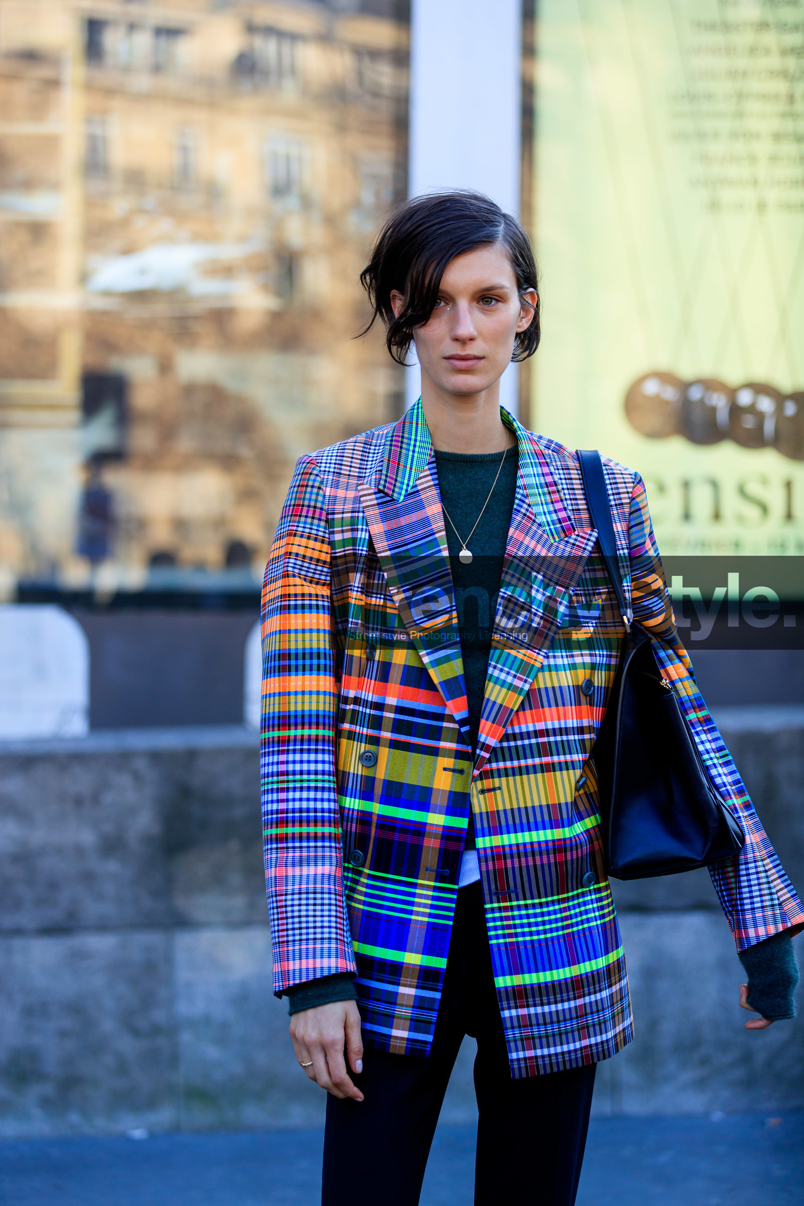 black bag, black pants, blazer, checked, geometric, graphic jacket, leather bag, model, multicolor jacket, necklace, plaid, printed jacket, striped jacket, trousers, PARIS, PFW, street style, jonathan paciullo, FW, frenchystyle, fashion week, AUTUMN WINTER 2019-2020, AW 19-20, FALL WINTER 2019-2020, FW 19-20, vertical, atmosphere details, detail