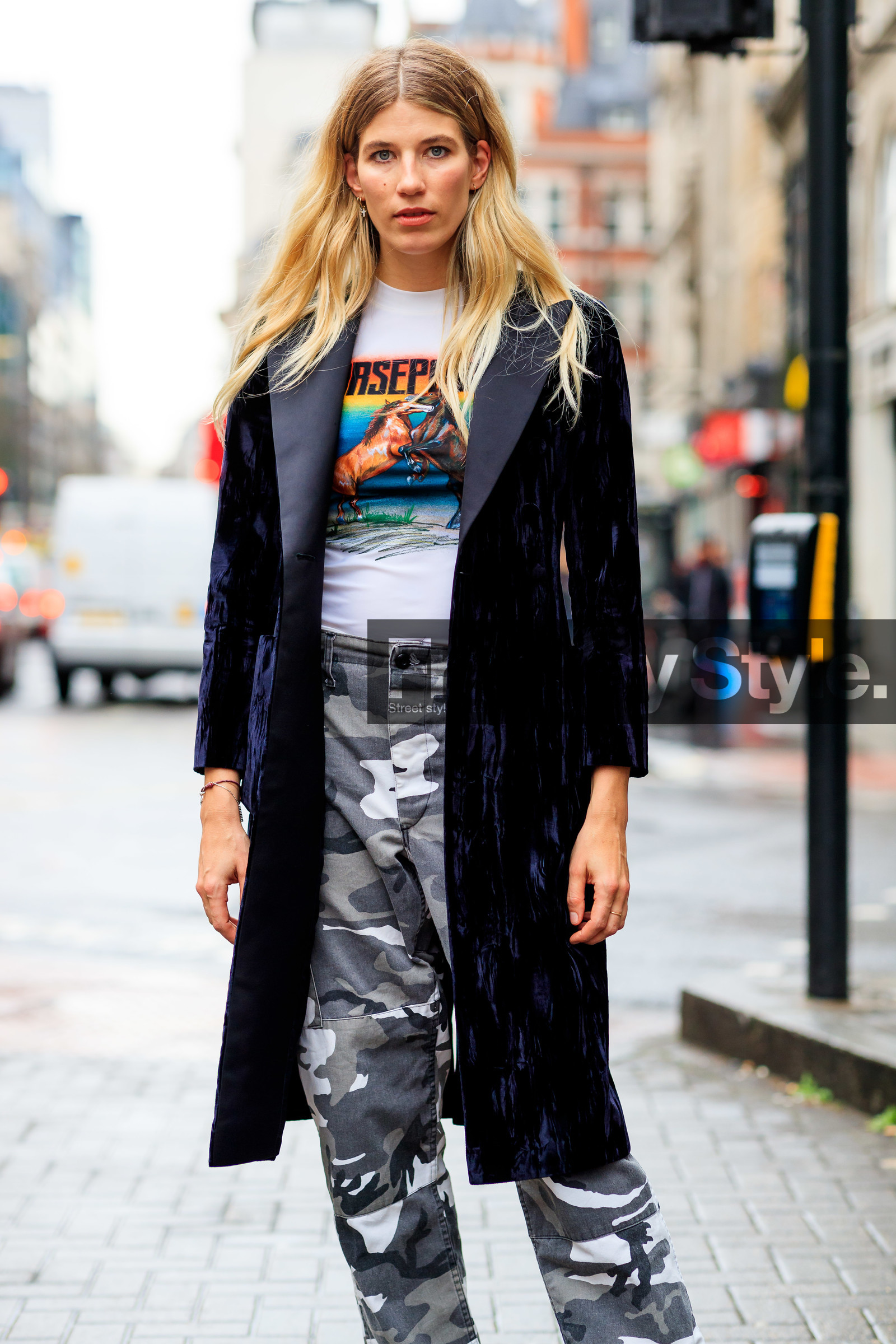 blue coat, camo pants, camouflage, graphic pants, grey pants, military pants, printed pants, trousers, velvet, veronika heilbrunner, white t shirt, LONDON, LFW, fashion week, frenchystyle, FW, jonathan paciullo, street style, AUTUMN WINTER 2019-2020, AW 19-20, FW 19-20, FALL WINTER 2019-2020, vertical, full length
